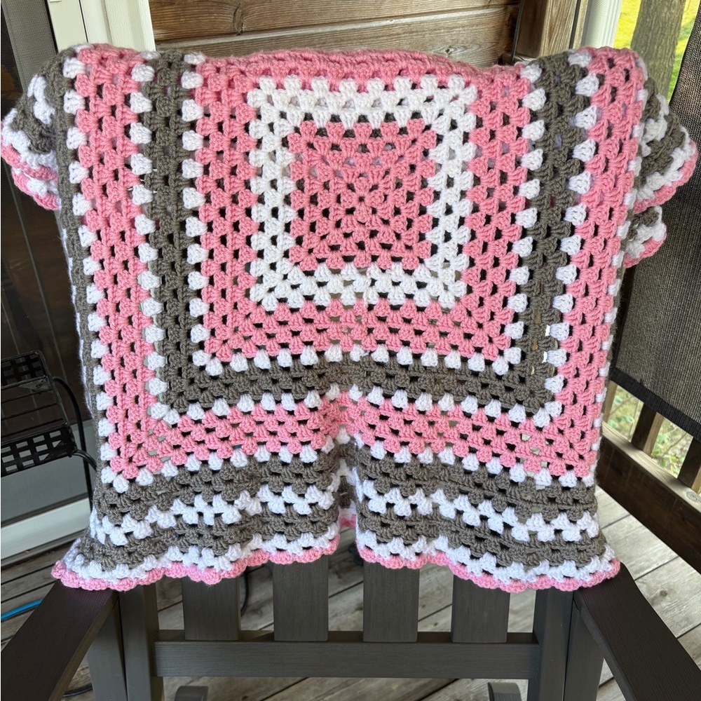 Handmade Crocheted Afghan Granny Square Baby Lap Blanket Pink White Gray